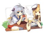  2girls ? admiral_scheer_(warship_girls_r) ahoge alcohol bangs beer beer_mug blonde_hair blue_eyes blue_sailor_collar blush braid cigar claxton_(warship_girls_r) collarbone confused creatures_(company) crying crying_with_eyes_open cup elbows_on_table eyebrows_visible_through_hair floating_hand game_boy_micro game_console game_freak hair_between_eyes hair_ornament hair_ribbon handheld_game_console hat highres holding link_cable lino-lin long_hair military_hat mug multiple_girls nintendo outdoors peaked_cap playing_games pokemon red_eyes ribbon sailor_collar school_uniform serafuku shirt short_sleeves silver_hair simple_background sitting smoke smoking streaming_tears table tears torpedo uniform video_game warship_girls_r white_headwear white_shirt wooden_table 