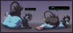  2018 absurd_res asaneman belly big_belly big_butt butt death dialogue digestion english_text felid female female_predator feral gurgle hi_res luxray lying mammal nintendo pawpads pok&eacute;mon pok&eacute;mon_(species) simple_background smile smirk solo speech_bubble text video_games vore weight_gain 