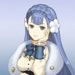  1girl absurdres blue_background blue_eyes blue_hair bow braid closed_mouth crown_braid dakkalot fire_emblem fire_emblem_echoes:_mou_hitori_no_eiyuuou fur_trim hair_ornament hand_on_own_face highres linea_(fire_emblem) long_hair long_sleeves nintendo simple_background smile solo upper_body 