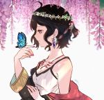  1girl bare_shoulders black_hair breasts bug butterfly cleavage earrings fire_emblem fire_emblem:_kakusei from_side head_wreath highres insect jewelry long_sleeves mark_(female)_(fire_emblem) mark_(fire_emblem) medium_breasts nail_polish nintendo parted_lips purple_eyes sasaki_(dkenpisss) short_hair signature solo upper_body 