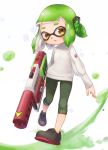  1girl capri_pants domino_mask full_body green_hair green_pants grey_footwear headphones highres holding inkling leg_up legs_apart long_sleeves looking_away looking_to_the_side mask open_mouth pants rapid_blaster_pro_(splatoon) shoelaces shoes short_hair solo splatoon splatoon_(series) splatoon_2 suction_cups suzuhiro sweater tentacle_hair white_sweater yellow_eyes 