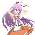  1girl :d absurdres animal_ears armpits arms_up bangs belt bunny_ears commentary_request cowboy_shot eyebrows_visible_through_hair hair_between_eyes hands_in_hair highres leon_(mikiri_hassha) long_hair looking_at_viewer necktie open_mouth orange_skirt purple_hair red_belt red_eyes red_neckwear reisen_udongein_inaba shirt short_sleeves sidelocks simple_background skirt smile solo touhou very_long_hair white_background white_shirt wing_collar 