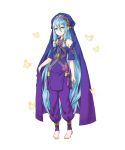  1girl age_regression aqua_(fire_emblem_if) barefoot blue_hair braid bug butterfly child dress feet fire_emblem fire_emblem_heroes fire_emblem_if highres insect jewelry long_hair looking_at_viewer necklace nintendo official_art solo standing twin_braids veil yellow_eyes younger 