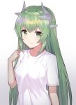  1girl alternate_costume bangs blush breasts chinese_commentary closed_mouth commentary_request eyebrows_visible_through_hair fate/grand_order fate_(series) gradient gradient_background green_eyes green_hair grey_background highres horns kiyohime_(fate/grand_order) looking_at_viewer medium_breasts nagisa_(cxcx5235) shirt short_sleeves sidelocks solo straight_hair striped upper_body vertical_stripes white_shirt 