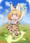  1girl :3 :d animal_ear_fluff animal_ears arm_up belt blonde_hair blue_sky blush bow bowtie claw_pose cloud cross-laced_clothes day elbow_gloves extra_ears eyebrows_visible_through_hair full_body gloves high-waist_skirt kemono_friends kemono_friends_3:_planet_tours looking_at_viewer mountain mountainous_horizon official_art open_mouth outdoors print_gloves print_legwear print_neckwear print_skirt serval_(kemono_friends) serval_ears serval_print serval_tail shirt skirt sky sleeveless sleeveless_shirt smile solo tail thighhighs tree watermark yellow_eyes yellow_legwear yellow_neckwear yoshizaki_mine zettai_ryouiki 