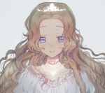  1girl blue_eyes brown_hair code_geass collarbone curly_hair diadem eyebrows_visible_through_hair grey_background jewelry long_hair looking_at_viewer necklace nunnally_lamperouge shirt simple_background smile solo sumi_otto upper_body very_long_hair white_shirt 