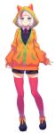  1girl :3 animal_ears animal_hood bangs black_shorts blue_eyes blunt_bangs blush cat_hood closed_mouth fake_animal_ears full_body hassaku_yuzu highres hood hood_up hoodie long_sleeves looking_at_viewer multicolored multicolored_hair multicolored_nails nail_polish nijisanji official_art orange_hoodie pink_legwear red_hair short_hair shorts sleeves_past_wrists smile solo standing streaked_hair tachi-e thighhighs transparent_background virtual_youtuber white_hair yasumo_(kuusouorbital) 