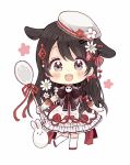  1girl :d animal animal_ears bangs beret blush bow brown_eyes brown_hair bunny chibi dress elbow_gloves eyebrows_visible_through_hair floral_print flower full_body gloves hair_between_eyes hair_bow hair_flower hair_ornament hairclip hat highres holding holding_spoon long_hair looking_at_viewer open_mouth original over-kneehighs print_gloves red_bow red_footwear red_ribbon ribbon rose_print sakura_oriko shoes simple_background smile solo spoon standing standing_on_one_leg thighhighs tilted_headwear very_long_hair white_background white_dress white_flower white_gloves white_headwear white_legwear 