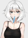  1girl bangs bare_shoulders black_camisole blue_eyes blush breasts camisole collarbone commentary_request eyebrows_visible_through_hair food food_in_mouth grey_background hair_between_eyes highres looking_at_viewer medium_breasts mouth_hold original parted_lips popsicle round_teeth ryokucha_manma silver_hair simple_background solo teeth upper_body upper_teeth 