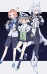  3boys :d bell blonde_hair blue_eyes blue_legwear blue_neckwear blush boots bow brown_hair buttons constellation_print cross-laced_footwear fuguve gloves goggles goggles_on_head hair_bow hair_ornament hand_up heterochromia highres holding holding_microphone horns long_sleeves looking_at_viewer male_focus microphone multiple_boys neck_bell open_mouth original pink_eyes red_eyes sheep_hat shorts silver_eyes silver_hair simple_background smile standing standing_on_one_leg vest white_gloves white_legwear 