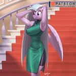  1:1 2019 alternate_version_at_source anthro anthrofied avian beak clothed clothing digital_media_(artwork) eyelashes feathered_wings feathers female friendship_is_magic hair hands_behind_head hippogryph kevinsano long_hair my_little_pony patreon purple_eyes signature silverstream_(mlp) smile solo stairs url wings 