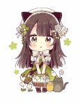  1girl :o animal animal_ears bag bangs basket bird black_legwear blush bow brown_eyes brown_footwear brown_hair cat chibi chick clover_hair_ornament dress eyebrows_visible_through_hair flower four-leaf_clover_hair_ornament full_body green_dress hair_between_eyes hair_ornament highres holding holding_basket long_hair original parted_lips puffy_short_sleeves puffy_sleeves sakura_oriko shoes short_sleeves shoulder_bag simple_background socks solo standing very_long_hair white_background white_bow white_flower 