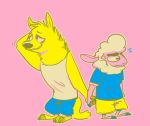  2019 ambiguous_gender anthro barefoot bovid caprine clothed clothing disney duo fan_character flying_sweatdrops fuel_(artist) hand_holding head_tuft hyaenid mammal neck_tuft ozzy_(weaver) pack_street pink_background remmy_cormo restricted_palette sheep shirt simple_background smile standing striped_hyena sweat sweatdrop tank_top topwear tuft wool zootopia 