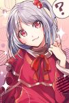  1girl :3 ? blush bow capelet circle dress eyebrows_visible_through_hair hair_bobbles hair_ornament katayama_kei out_of_frame red_capelet red_dress red_eyes ribbon shinki short_hair side_ponytail silver_hair smile solo speech_bubble touhou touhou_(pc-98) 
