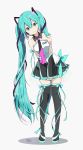  1girl aqua_eyes aqua_hair bangs black_footwear black_legwear black_skirt black_sleeves blue_nails boots commentary detached_sleeves eyebrows_visible_through_hair fingernails full_body grey_background hair_between_eyes hair_ornament hatsune_miku highres leaning_to_the_side long_hair long_sleeves looking_at_viewer multicolored_hair nail_polish necktie pink_hair pleated_skirt purple_neckwear ragho_no_erika see-through see-through_sleeves shadow shirt sidelocks signature skirt sleeves_past_wrists solo standing star strapless streaked_hair thigh_boots thighhighs twintails very_long_hair vocaloid white_shirt 
