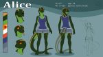  2019 3_toes 5_fingers alice_(surgery-s) anthro clothed clothing english_text eyelashes eyes_closed female forked_tongue garter_snake gesture green_scales kittydee markings model_sheet orange_eyes orange_sclera pants reptile scales scalie shirt smile snake solo standing tank_top text toes tongue tongue_out topwear waving 
