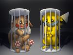  4:3 bdsm bondage bound cage caged captured caught chain chained cloth_gag digital_drawing_(artwork) digital_media_(artwork) eevee feet feral feral_bondage gag gagged hi_res nintendo paws pikachu pok&eacute;mon pok&eacute;mon_(species) pokemon_species raptorroper video_games 