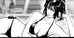  1girl bikini breasts collarbone fubuki_(one-punch_man) large_breasts lying monochrome murata_yuusuke navel official_art on_side one-punch_man short_hair swimsuit thighs wide_hips 