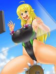  1girl blonde_hair breasts hoshii_miki huge_breasts idolmaster kawanuma_uotsuri long_hair open_mouth swimsuit 