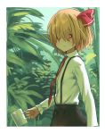  1girl black_skirt blonde_hair blush border commentary cowboy_shot cup english_commentary hair_over_eyes hair_ribbon highres holding holding_cup long_sleeves looking_at_viewer mug necktie plant red_eyes red_neckwear red_ribbon ribbon roke_(taikodon) rumia shirt short_hair skirt solo standing suspender_skirt suspenders touhou white_border white_shirt 