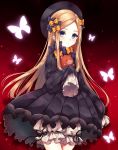  1girl abigail_williams_(fate/grand_order) black_background black_bow black_dress black_headwear black_ribbon blue_eyes bow bug butterfly cowboy_shot dress fate/grand_order fate_(series) gothic_lolita gradient gradient_background hair_bow hat highres holding holding_stuffed_animal insect lolita_fashion looking_at_viewer multiple_hair_bows nazuna_shizuku orange_bow parted_lips polka_dot polka_dot_bow puffy_shorts red_background ribbon short_shorts shorts shorts_under_dress sleeves_past_fingers sleeves_past_wrists solo standing stuffed_animal stuffed_toy teddy_bear two-tone_background white_shorts 