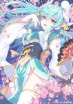  1girl :d absurdres bangs blue_hair blush breasts cherry_blossoms commentary_request devy dragon_horns eyebrows_visible_through_hair fate/grand_order fate_(series) fingernails floating_hair flower green_kimono hair_between_eyes hand_up highres horns japanese_clothes kimono kiyohime_(fate/grand_order) long_hair long_sleeves medium_breasts obi open_mouth petals pink_flower sash smile solo thighhighs tree_branch twitter_username very_long_hair white_legwear wide_sleeves yellow_eyes 