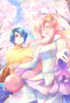  1boy 1girl :d athrun_zala blue_hair cherry_blossoms day detached_sleeves eyes_closed floating_hair from_below green_eyes gundam gundam_seed hair_ornament hand_holding haro lacus_clyne long_hair long_sleeves open_mouth outdoors outstretched_arms petals pink_hair shiny shiny_hair shirt short_hair smile turtleneck very_long_hair white_sleeves yellow_shirt yuuka_seisen 