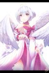  1girl angel_wings antenna_hair bare_shoulders bow breasts cowboy_shot detached_sleeves dress dress_lift eyebrows_visible_through_hair feathered_wings fitoria_(tate_no_yuusha_no_nariagari) highres layered_dress letterboxed lifted_by_self light_frown looking_at_viewer murata_ryou purple_bow purple_eyes short_hair signature small_breasts solo tate_no_yuusha_no_nariagari white_dress white_wings wings 