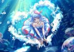  1girl :d achyue bangs bare_shoulders barefoot blue_dress blue_eyes blue_hair breasts day dress haiyi hat hat_feather heart highres jellyfish long_hair looking_at_viewer medium_breasts open_mouth outdoors pink_headwear school_of_fish smile solo strapless strapless_dress sunlight underwater vocaloid vocanese water 