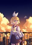  1girl absurdres ahoge arm_at_side bag bangs black_sailor_collar black_skirt blonde_hair blue_eyes blurry blurry_background bug butterfly chaji_xiao_bai cloud cloudy_sky commentary_request dated depth_of_field evening gradient_sky hair_ornament hair_ribbon hairclip highres insect kagamine_rin long_sleeves looking_away looking_to_the_side medium_skirt neckerchief parted_lips pleated_skirt railing ribbon road_sign sailor_collar school_bag school_uniform serafuku shirt short_hair sign signature skirt sky solo sunset swept_bangs tareme vocaloid white_ribbon white_shirt yellow_neckwear 