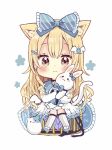  1girl :3 animal animal_ear_fluff animal_ears bangs bell bell_choker black_choker blonde_hair blue_bow blue_capelet blue_footwear blush bow brown_eyes capelet cat cat_ears cat_girl cat_tail chibi choker closed_mouth diagonal_stripes dress eyebrows_visible_through_hair frilled_bow frills full_body hair_between_eyes hair_bow hair_ornament hairclip highres jingle_bell kneehighs long_hair long_sleeves looking_at_viewer object_hug original sakura_oriko shoes simple_background solo striped striped_bow stuffed_animal stuffed_bunny stuffed_toy tail very_long_hair white_background white_dress white_legwear x_hair_ornament 