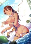  bikini blurry blurry_background breast_slip breasts brown_eyes brown_hair commentary_request cowboy_shot dutch_angle idolmaster idolmaster_cinderella_girls idolmaster_million_live! jewelry kara_(color) large_breasts long_hair necklace nipples nitta_minami open_mouth ponytail ponytail_holder swimsuit wardrobe_malfunction water 