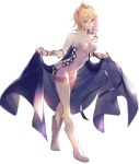  1girl bare_shoulders blonde_hair blue_cape boots breasts cape cleavage collarbone commentary_request covered_navel dress europa_(granblue_fantasy) flower full_body granblue_fantasy hair_between_eyes hair_flower hair_ornament highres looking_at_viewer medium_breasts peki_gbf pencil_skirt purple_eyes short_hair skirt smile solo standing tiara white_background white_dress white_footwear 