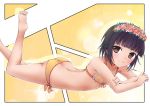  1girl ass barefoot bikini black_hair brown_eyes commentary_request disconnected_mouth flat_chest full_body head_wreath lens_flare lying multicolored multicolored_background on_stomach short_hair side-tie_bikini smile solo swimsuit to_aru_kagaku_no_railgun to_aru_majutsu_no_index tounaeu2517 uiharu_kazari yellow_bikini 