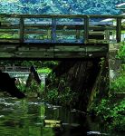  afloat blue_sky bridge canal commentary day film_grain harusameriburo highres no_humans original outdoors plant railing reflection silhouette sky symbol_commentary tree water wooden_bridge wooden_railing 