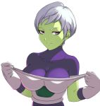  1girl bodysuit breasts chirai dragon_ball dragon_ball_super dragon_ball_super_broly gloves green_skin half-closed_eyes medium_breasts pulled_by_self pulling purple_eyes seductive_smile short_hair simple_background smile solo stealthmaria upper_body white_background white_hair 