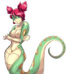  1girl blue_eyes breasts green_skin highres lamia monster_girl nipples pussy red_hair shantae_(series) short_twintails tuki_(shantae) twintails yellow_sclera 