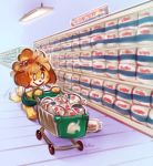  :&gt; animal_crossing bread buying canid canine canis clothed clothing domestic_dog female food fur hi_res isabelle_(animal_crossing) mammal nintendo panken shelves shopping_cart solo store tailwag video_games wagging walking wonder_bread yellow_fur 