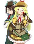  2girls :q aqua_capelet bang_dream! bangs black_eyes black_gloves black_hair black_jacket blonde_hair bow capelet collared_shirt cropped_jacket crossed_arms deerstalker detective fanny_pack frilled_capelet frilled_skirt frills frown gloves green_pants hand_on_hip harusawa hat hat_bow hat_ornament holding_magnifying_glass jacket long_hair looking_at_viewer monocle multiple_girls neck_ribbon okusawa_misaki pants pinky_out plaid plaid_pants pleated_skirt red_neckwear ribbon shirt simple_background skirt sweatdrop tongue tongue_out tsurumaki_kokoro v-shaped_eyebrows white_background white_shirt yellow_capelet yellow_eyes yellow_shirt 