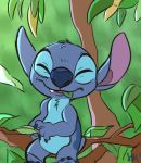  2019 4_fingers alien back_markings blue_claws blue_nose chest_tuft claws colored_sketch digital_drawing_(artwork) digital_media_(artwork) disney eating experiment_(species) eyes_closed head_tuft hi_res leaf lilo_and_stitch markings sitting small_tail smile solo starskitty stitch tree tuft 