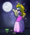  2018 anthro barefoot blonde_hair breasts clothing collar crown dress ear_piercing ear_ring female fungus hair horn koopa long_hair mario_bros moon mushroom nintendo open_mouth piercing post_transformation princess_koopa princess_peach scalie solo spiked_collar spikes standing surprise video_games watsup 