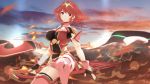 1girl 3d armor breasts cloud covered_navel fingerless_gloves fire gloves gmod highres homura_(xenoblade_2) large_breasts mountain nintendo pose red_eyes red_hair sculp2 short_hair shoulder_armor sky solo thighhighs xenoblade_(series) xenoblade_2 