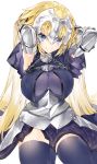  1girl absurdres armor armored_dress armpits arms_behind_head blonde_hair blue_eyes breasts capelet chains commentary_request dress eyebrows_visible_through_hair fate/apocrypha fate/grand_order fate_(series) faulds fur_trim gauntlets hair_between_eyes hair_down hair_lift has_bad_revision has_downscaled_revision headpiece highres impossible_clothes jeanne_d&#039;arc_(fate) jeanne_d&#039;arc_(fate)_(all) kou_mashiro large_breasts long_hair looking_at_viewer plackart purple_dress purple_legwear short_sleeves sitting smile solo thighhighs thighs very_long_hair white_background 