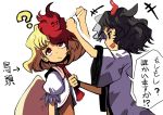  2girls :d ? animal_ears animal_print arm_up bangs black_hair blonde_hair brown_dress commentary_request cow_ears cow_horns cow_print directional_arrow dress eyebrows_visible_through_hair from_side haori head_tilt horns japanese_clothes looking_up multicolored_hair multiple_girls neckwear_grab niwatari_kutaka open_mouth profile puffy_short_sleeves puffy_sleeves red_eyes red_neckwear shirt shope short_sleeves silver_hair smile speech_bubble touhou translation_request two-tone_hair upper_body ushizaki_urumi white_shirt wide_sleeves wings 