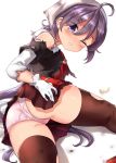  &gt;_&lt; 1girl absurdres akebono_(kantai_collection) alternate_costume apron ass black_legwear blush commentary_request eyebrows_visible_through_hair fallen_down gloves hair_between_eyes hair_ornament hairclip highres kantai_collection kerchief long_hair long_sleeves looking_at_viewer looking_back lying neit_ni_sei one_eye_closed panties pantyshot pantyshot_(lying) pin pink_panties purple_eyes purple_hair remodel_(kantai_collection) shiny shiny_skin side_ponytail solo sweatdrop thighhighs torn_clothes torn_gloves torn_legwear underwear very_long_hair white_gloves zettai_ryouiki 