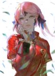  1girl au_ra bangs blurry_foreground cirina_mol dragon_horns facing_viewer final_fantasy final_fantasy_xiv frischenq green_eyes hand_on_own_cheek horns jewelry parted_lips pink_hair ring scales short_hair simple_background solo swept_bangs upper_body white_background wind 