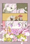  4girls bangs bouquet brown_hair comic empty_eyes eyebrows_visible_through_hair flower hair_between_eyes hair_ribbon highres konohana_suzuka long_hair multicolored_hair multiple_girls open_mouth outside_border petting pink_eyes pink_hair ponytail red_hair ribbon sasaki_mitsuru satsuki_yomi shidou_maki_(toji_no_miko) short_hair side_ponytail standing toji_no_miko tsubakuro_yume two-tone_hair white_hair 