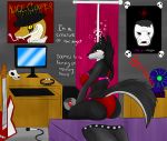  alice_cooper anthro bed bedroom bra clothing computer desk female goth guitar hi_res male mammal marilyn_manson monkey morning musical_instrument panties poster primate reptile rorrek scalie skull snake speaker underwear waking_up 