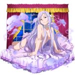  1girl barefoot breasts choker cleavage collarbone curtains feet frilled_pillow frills full_body grey_eyes hair_censor hair_over_breasts heart highres long_hair looking_at_viewer medium_breasts navel nude official_art on_bed pillow pink_pillow quinella sideboob silver_hair sky smile solo star_(sky) starry_sky steam sword_art_online toes transparent_background under_covers very_long_hair 