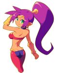  1girl ass blue_choker breasts butt_crack choker closed_mouth dar_skin earrings from_behind green_eyes jewelry long_hair looking_at_viewer looking_back medium_breasts metata midriff pointy_ears ponytail purple_hair shantae_(character) shantae_(series) sideboob simple_background smile solo white_background yellow_earrings 